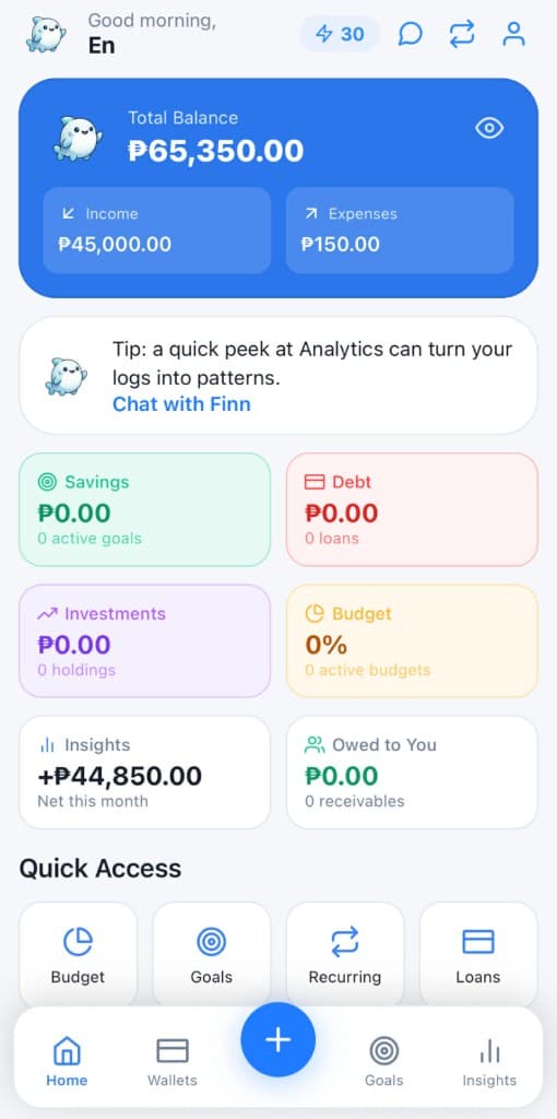Finsharc home dashboard on a phone
