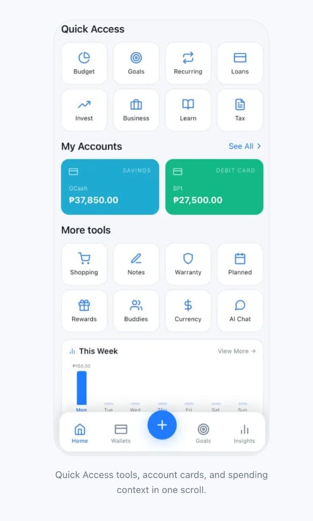 Finsharc home: Quick Access, My Accounts, More tools, and weekly spending