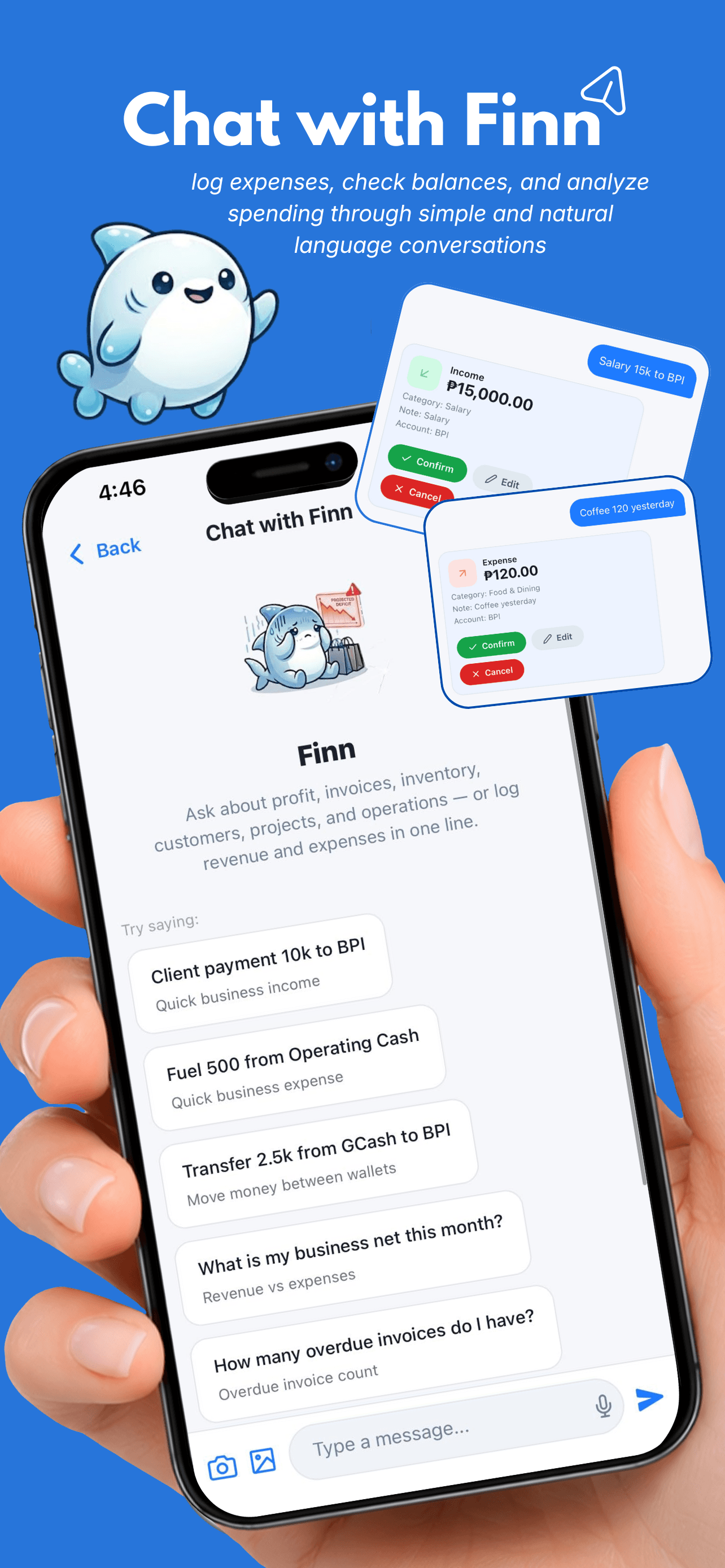 Finsharc AI chat marketing poster showing Chat with Finn for logging expenses and analyzing spending.