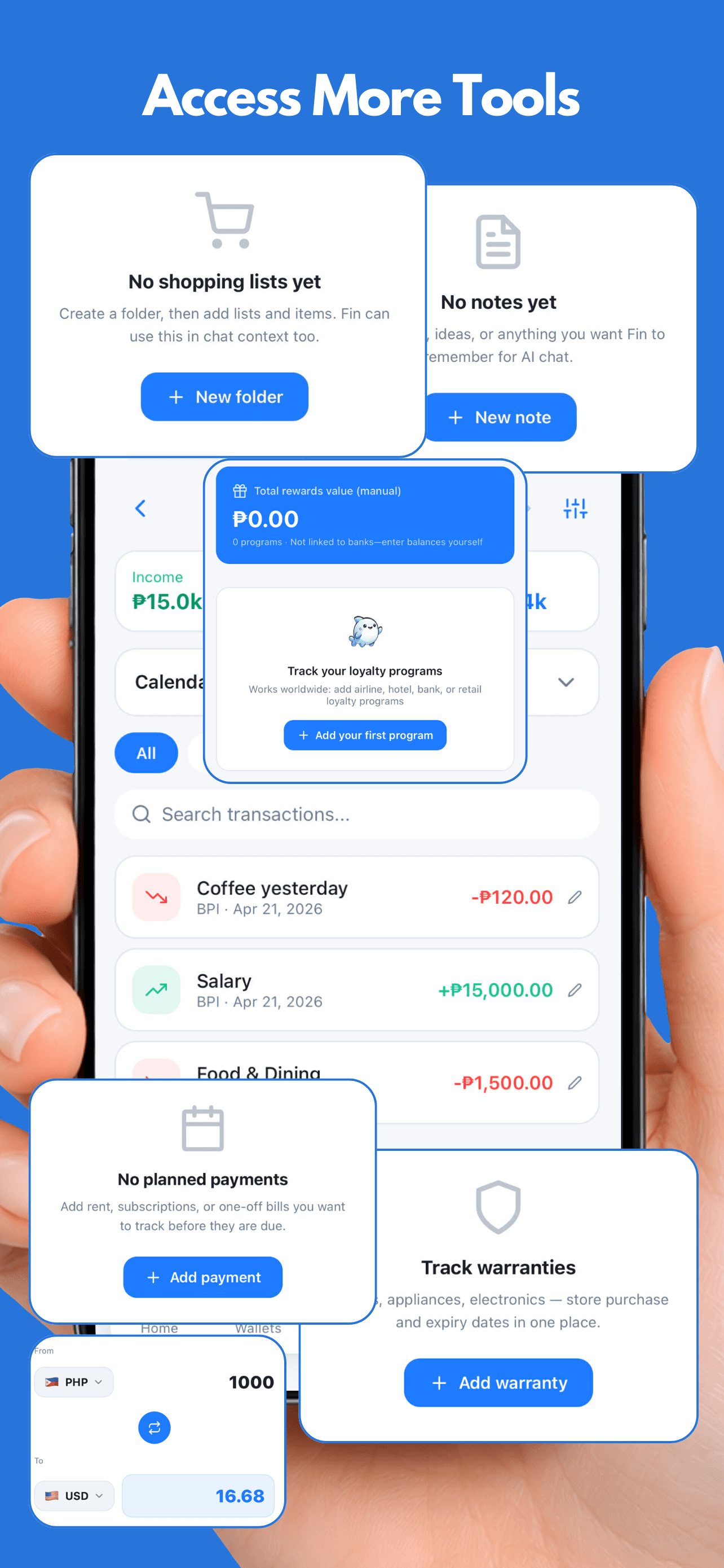 Finsharc more tools poster showing quick access to rewards, notes, planned payments, and warranties