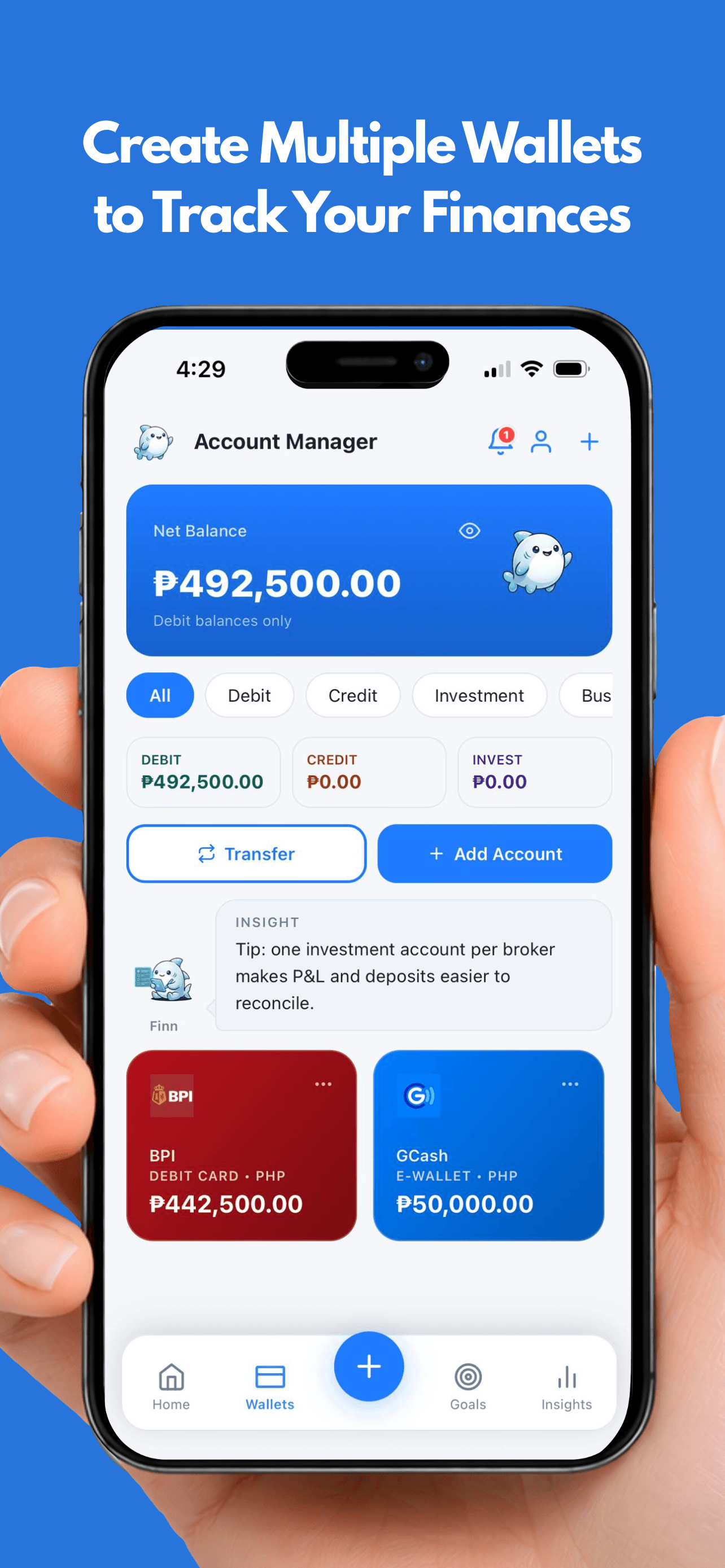 Finsharc wallets and accounts marketing poster showing multiple wallets in one app.